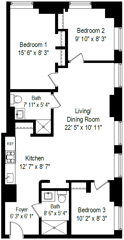 Floor plan for 3 beds, 2 baths, 778 sqft